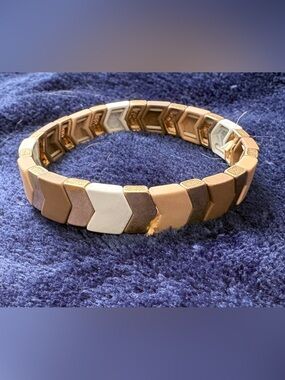 Multi-Tone Ceramic Chevron Stretch Bracelet - Brown, White, Tan, Gold
